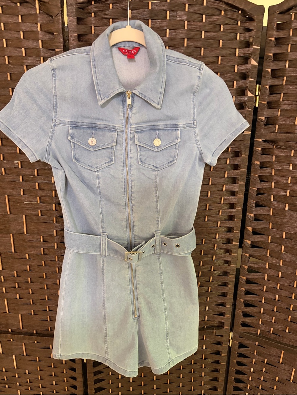 Guess Light Blue Denim Short-Sleeve Romper with Belted Waist